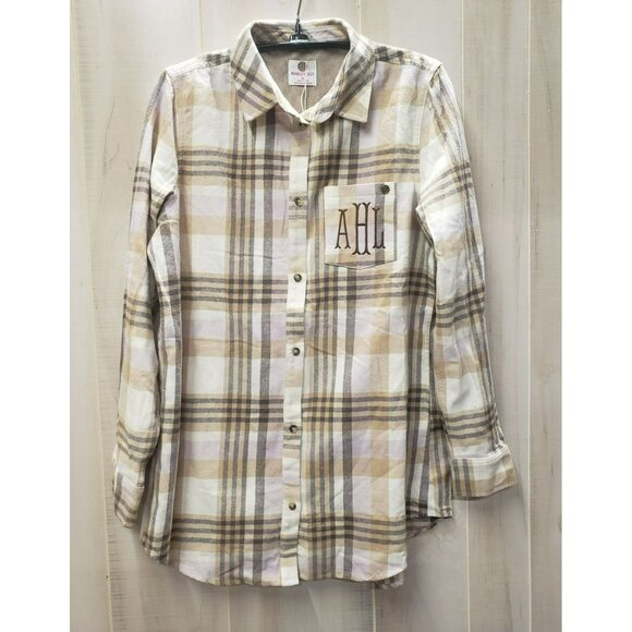 Marley Lilly Plaid Button-Down Shirt, AHL Mono, Size M, Cotton, Beige & Brown - Picture 1 of 6